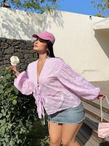 Sunnyshic Plus Size Women Daisy Print Tie Front Sweet Cute Frill Trim Blouse, Vacation - Pink - View 6