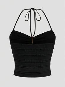 Sweetra Camisola negra de punto casual con cuello volante y lazo decorativo para mujer talla grande