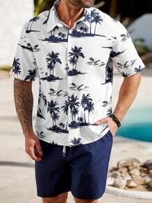 ResortEase 2pcs/Set Men Casual Short Sleeve Shirt & Shorts Set, Simple & Fashion, Everyday Wear