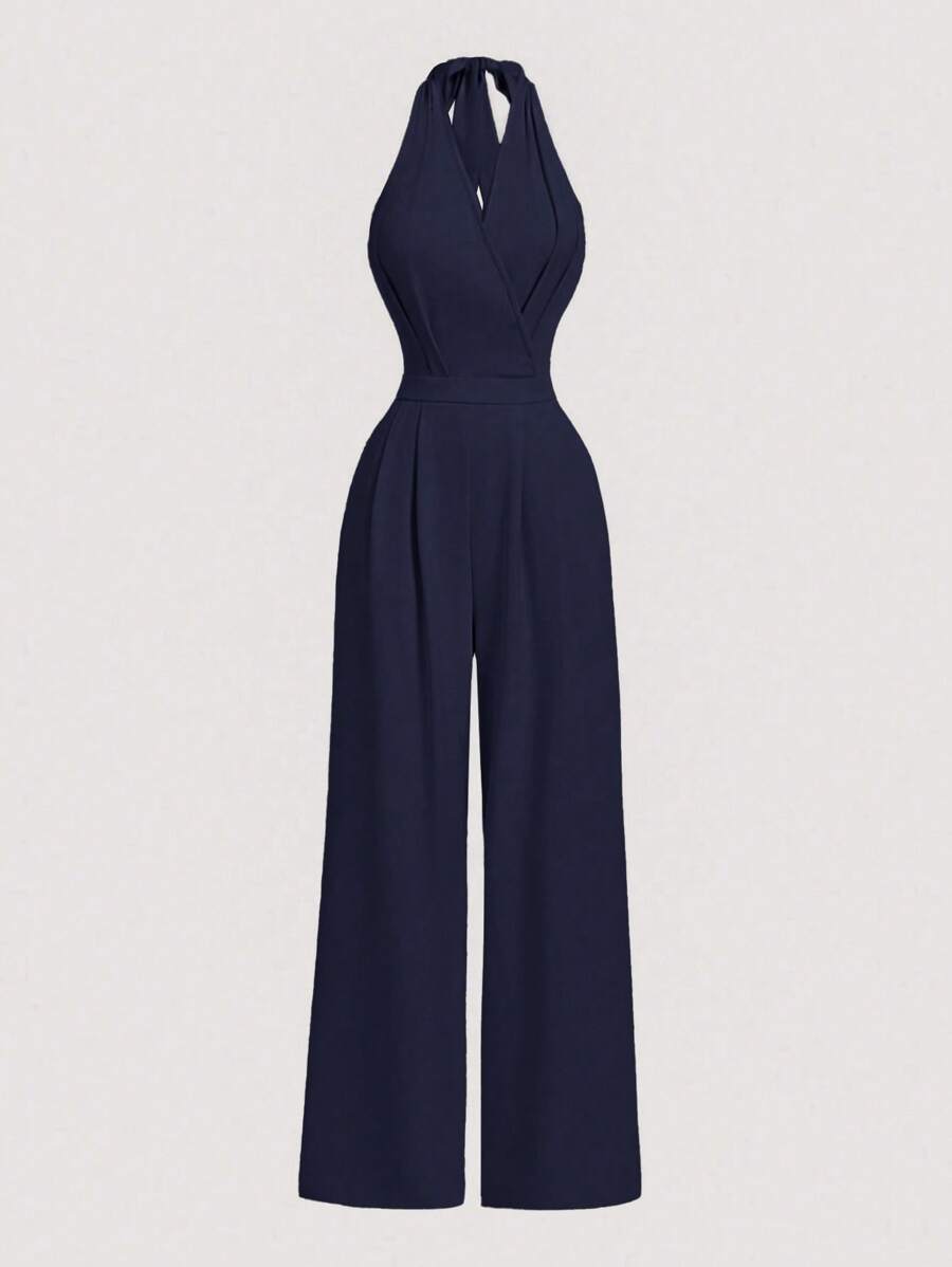 SHEIN MOD Navy Color Casual Commuter Business Elegant Backless Halter Jumpsuit - Navy Blue - View 1