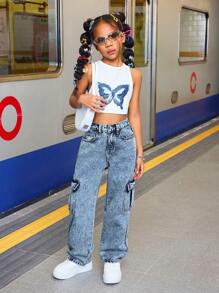 SHEIN Tween Girls' Casual Baggy Denim Pants With Flap Pockets And Contrast Stitching Details Straight Leg Cargo Jeans,For Spring And Summer Outfits