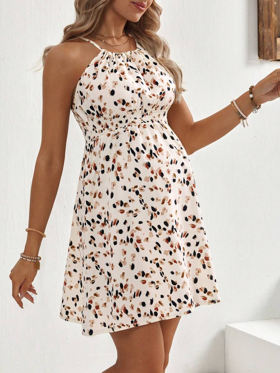 SHEINS Women's Summer Waist Ruched Ditsy Floral Sleeveless Spaghetti Strap Maternity Vacation Date Midi Dress - Apricot - View 1