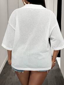 Slaydiva Loose Fit Solid White V-Neck Drop Shoulder Casual Vacation Hollow-Out Knit Plus Size T-Shirt Top For Women, Spring/Summer - White - View 3