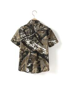 2pcs Tween Boys Casual Branch Camouflage Print Denim Short Sleeve Shirt & Elastic Waist Cargo Shorts Set - Army Green - View 5
