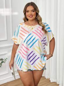 SHEIN CURVE+ Women Plus Size Casual Loose Striped Print Round Neck Blouse, Suitable For Summer Vacation