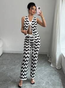 SHEIN Unity 2pcs/Set Women Lace-Up Sleeveless Striped Crop Top & Wide Leg Pants Knitted Sweater Set Fall Cloth For Women - Black and White - View 4