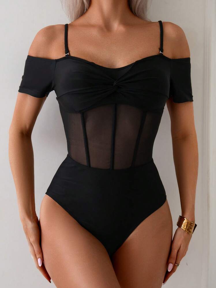 Swim Chiccia Traje de baño de una pieza con hombros descubiertos, manga corta y malla transparente con diseño de raspa de pescado, perfecto para el verano y las vacaciones en la playa - Negro - Añade 4