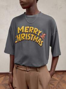 AKNOTIC Party Men's Loose Fit Letter Print Round Neck Short Sleeve T-Shirt, Suitable For Summer