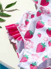 SHEIN 1pc Young Girl Cute Strawberry Print One-Piece Beach/Vacation Swimsuit For Summer - Multicolor - View 4