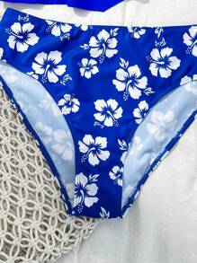 SHEIN Teen Girl Beach Holiday Solid Color Ruffle Trim Cami Top And Floral Printed Triangle Tankini Bottom, 2 Pieces Tankini Swimwear - Blue - View 3