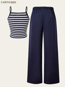 SHEIN Explorewe 2pcs/Set Tween Girl Striped Tank Top And Loose Casual Pants Set Summer Holiday - Multicolor - View 2