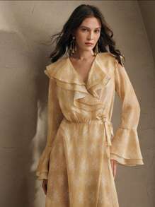 Anewsta 女士荷叶边领喇叭袖长款罩衫和服风格沙滩装 - 黃色 - 查看 4