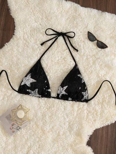 SHEIN Swim Top de Bikini con Halter de Lentejuelas de Color Contrastante, Micro Triángulo Sexy