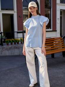 Jouncy Women's Casual Solid Color Puff Sleeve Top - Blue - View 3