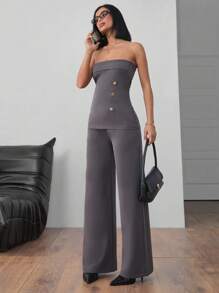 EURMUSE Women's Solid Gold Button Detailed Suit Set - Grey - View 1