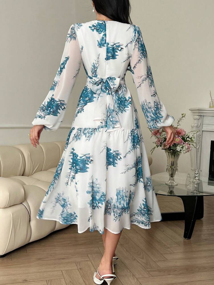 Women's Ditsy Floral V-Neck Lantern Sleeve Slit Mid-Length Dress, Vacation Style, Spring/Fall Long Sleeve Dress Easter Boho