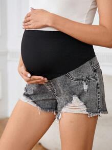 SHEIN Celana Pendek Denim Pinggang Tinggi Sobek Cuci Kasual untuk Ibu Hamil Musim Panas - Grey - View 5