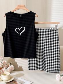 SHEIN Frenchy Plus Size Women's Spring And Summer Fashion Casual Comfortable Daily Love Print Tight Vest And Plaid Hip Skirt Black And White Two-Piece Set,Summer Outfits For Women,Curve Vacation Set,Mom And Daughter Clothes