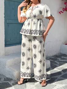 Franclia 2pcs/Set Plus Size Boho Tie-Up Front All-Over Print Minimalist Top And Long Pants, For Summer