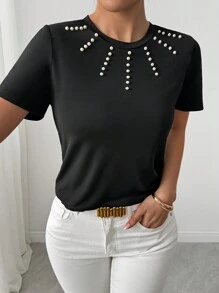 SHEIN 女士黑白泡泡珠装饰圆领短袖上衣 - 黑色 - 查看 4