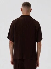 Musero Men Plisse Polo Boxy Buttonless Short Sleeve Shirt Spring Summer - Rust Brown - View 5