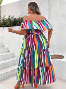 SHEIN CURVE+ Plus Size Vacation Leisure Colorful Striped Pattern Off-Shoulder Ruffle Trimmed Multi-Tiered Hem A-Line Dress Pride Month Rainbow Women's Long Dress Boho Vacation - Multicolor - View 2