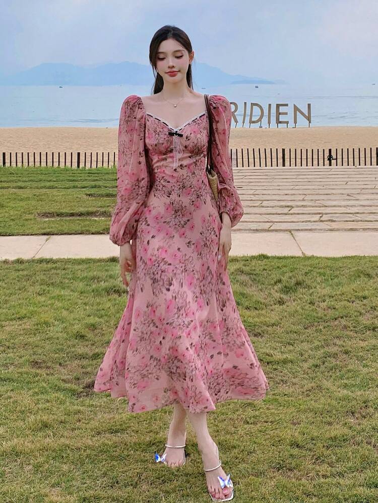 Plant Allover Print Cinched Waist Mid-Length Dress, Fitted For Valentine's Day Date Night Ditsy Floral,Milkmaid Dress,Fall Dress Long Sleeve Dress Vacation Outfits Women Easter Maxi Dress Boho