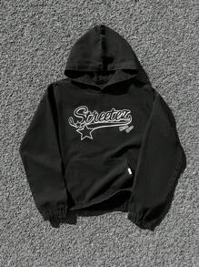 Manfinity EMRG Sudadera con capucha gris oscuro lavada con estampado de letras graffiti, hombros caídos, para hombre