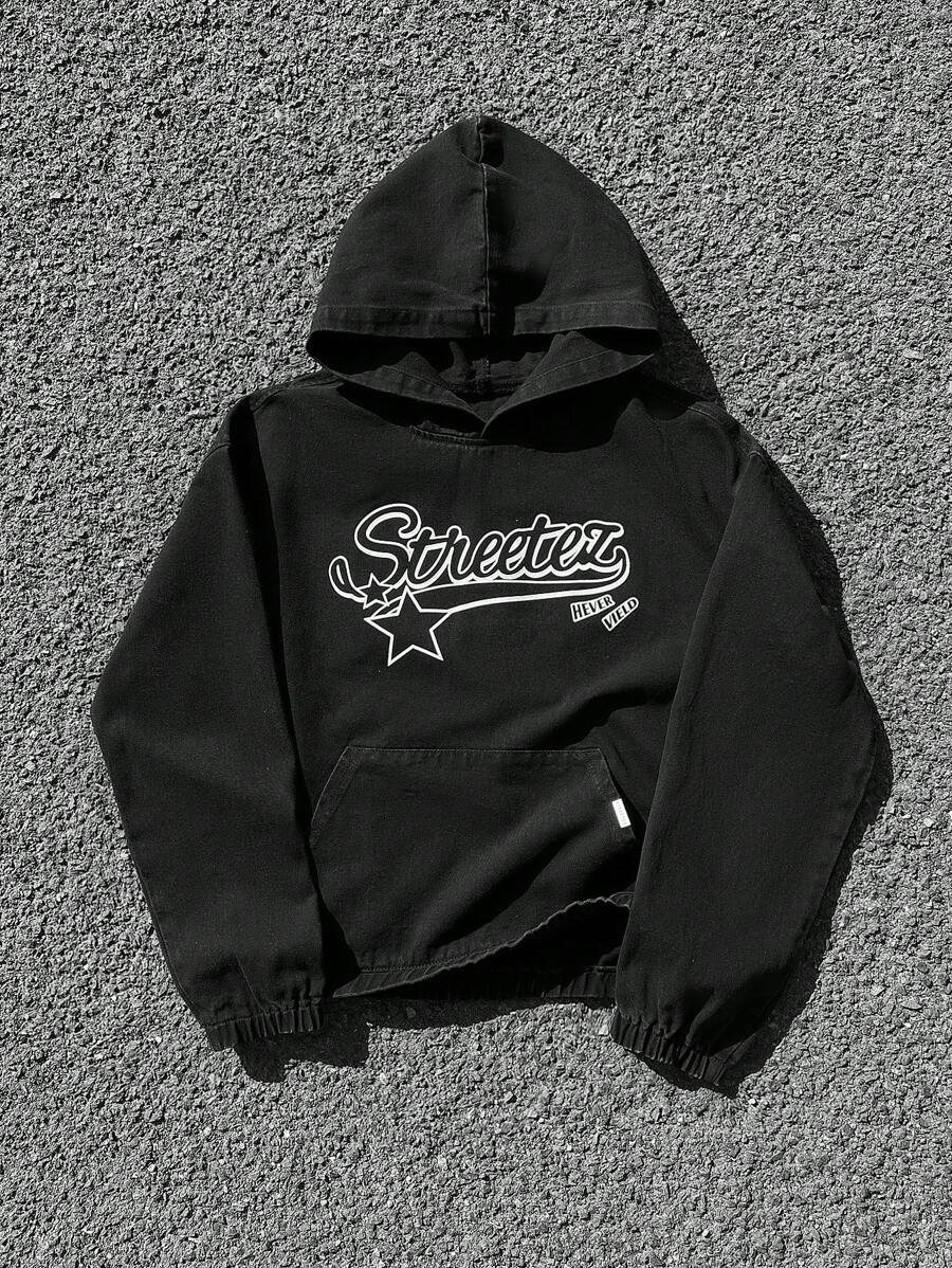 Manfinity EMRG Sudadera con capucha gris oscuro lavada con estampado de letras graffiti, hombros caídos, para hombre