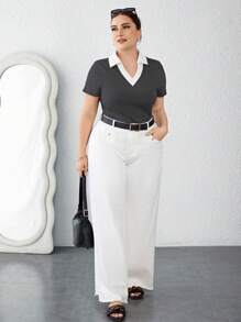 SHEIN Essnce Plus Size Women's Black & White Contrast Color 2 In 1 Short Sleeve T-Shirt, Versatile & Slimming, Spring/Summer - Dark Grey - View 3