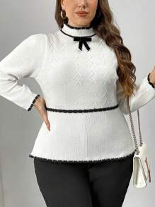 Flirla Plus Size Women's French Bow Decor Fitted Crew Neck Pullover Sweater Knit Pullover Fall Winter - Black and White - View 4
