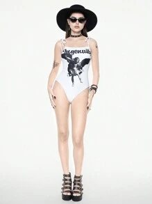 ROMWE Goth Women's One Piece Swimsuit With Bowknot, Graffiti Print, Angel Element, For Summer Beach Vacation, Halloween - Black and White - View 4