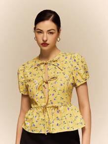 Poéselle Women's Front Tie Short Sleeve All-Over Floral Print Casual Shirt, Daily Wear,Romantic Tops,Going Out Tops Women,Summer Outfits For Women,Cute Summer Tops