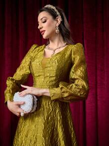 Modelyn Women's Pleated V-Neck Puff Sleeve Chic Dress Fall Cloth For Women