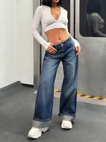 EURMUSE WOMEN LOW WAIST WIDELEG CASUAL STREET WEAR FOLD UP DETAIL - Dark Wash - View 5