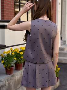 Jouncy 2 件套女士时尚蝴蝶结印花上衣和百褶迷你裙套装 - 深灰色 - 查看 2