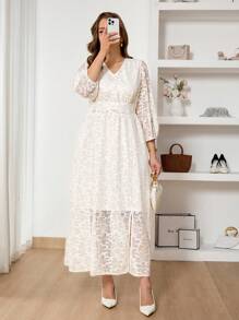 SHEIN Frenchy Vestido casual de mujer talla grande con cintura definida en jacquard color albaricoque, vestido formal de moda estilo boho/bohemio con malla, vestido de graduación floral, vestido modesto de primavera elegante para mujer, vestido largo para playa, atuendo para concierto de mujer - Albaricoque - Ver 5