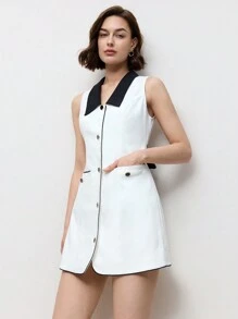 BizChic 白色无袖商务休闲迷你连衣裙，黑色衣领和金属纽扣，女士春夏 - 白色 - 查看 3