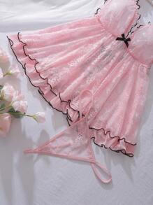 PetitDoll 2pcs Lovely Sexy Floral Lace Ruched Bowknot Babydoll Lingerie Set With G-String In Black And Pink Bowknot, Rave - Pink - View 10