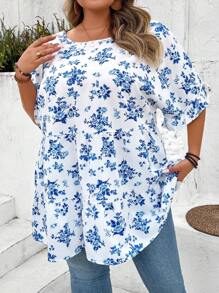 SHEIN CURVE+ Chemises vintage bohèmes à manches lanternes florales Ditzy smockées pour femmes de grande taille, pour les vacances d'été