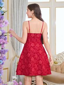 Teen Girl Sleeveless Short Dress,Red Summer Elegant Satin Party Mini Dress,Textured Fabric Fitted Silhouette,Detachable Bow Decor Waist Cinched Skirt - Red - View 2