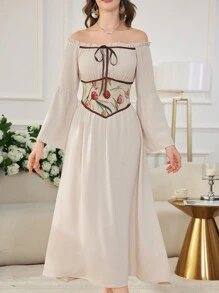 Modelyn Jacquard Patchwork Waistband Off Shoulder Flare Sleeve Dress - Apricot - View 3