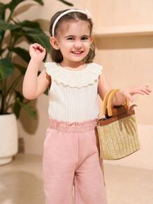 SHEIN 2pcs/Set Baby Girls Pink & Apricot Color Top With Ruffle Collar Casual Outfit, Suitable For Outdoor Wear, Spring/Summer - Black - View 4