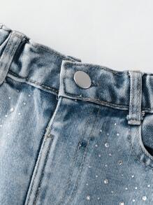 Young Girl Distressed Rhinestone Embellished Washed Denim Jeans, Casual - Light Wash - View 3