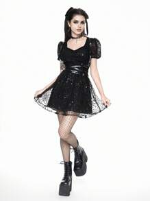 ROMWE Váy tay bồng phối lưới kim tuyến tương phản bí ẩn dành cho nữ, phong cách Gothic - màu đen - Xem 3