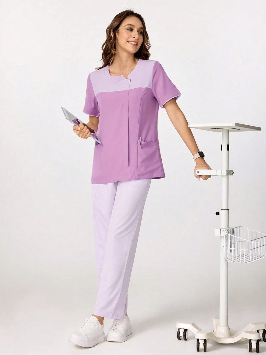 TaskEZ Contrast Color Round Neck Short Sleeve Scrub Uniform Top - Mauve Purple - View 1