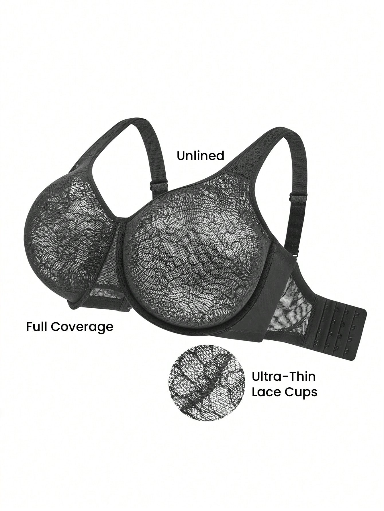 Lencería negra de talla grande para salón, con cobertura completa, soporte y transpirabilidad, sujetador con aros transparente, sexy, sin forro, de encaje elegante y cómodo, minimizador