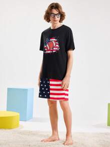 Happy Jammies Set de pijama de 2 piezas con top de cuello redondo de manga corta estampado y pantalones cortos casuales para hombre
