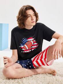 Happy Jammies Set de pijama de 2 piezas con top de cuello redondo de manga corta estampado y pantalones cortos casuales para hombre
