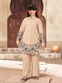 SHEIN Leap Crew 2pcs Tween Girl Loose Casual Turndown Collar Long Pattern Shirt & Pants Set - Apricot - View 1